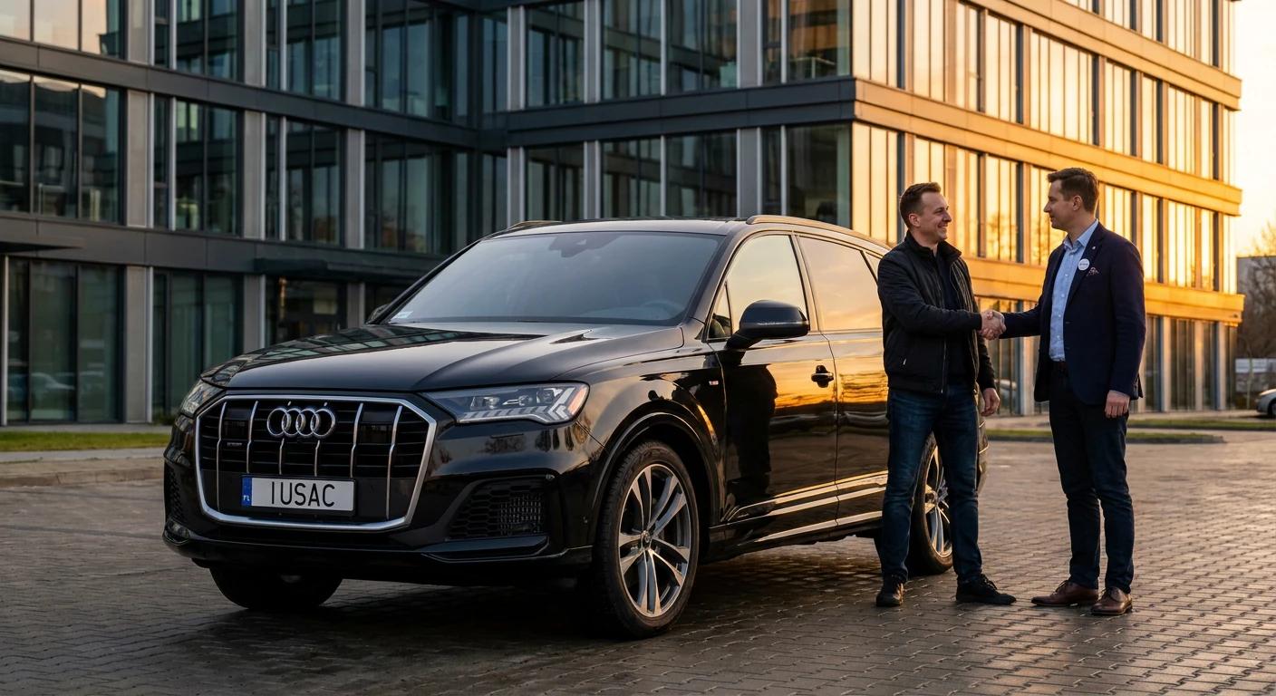 Zadowolony klient odbierający zarejestrowane Audi Q7 z polskimi tablicami od eksperta IUSAC