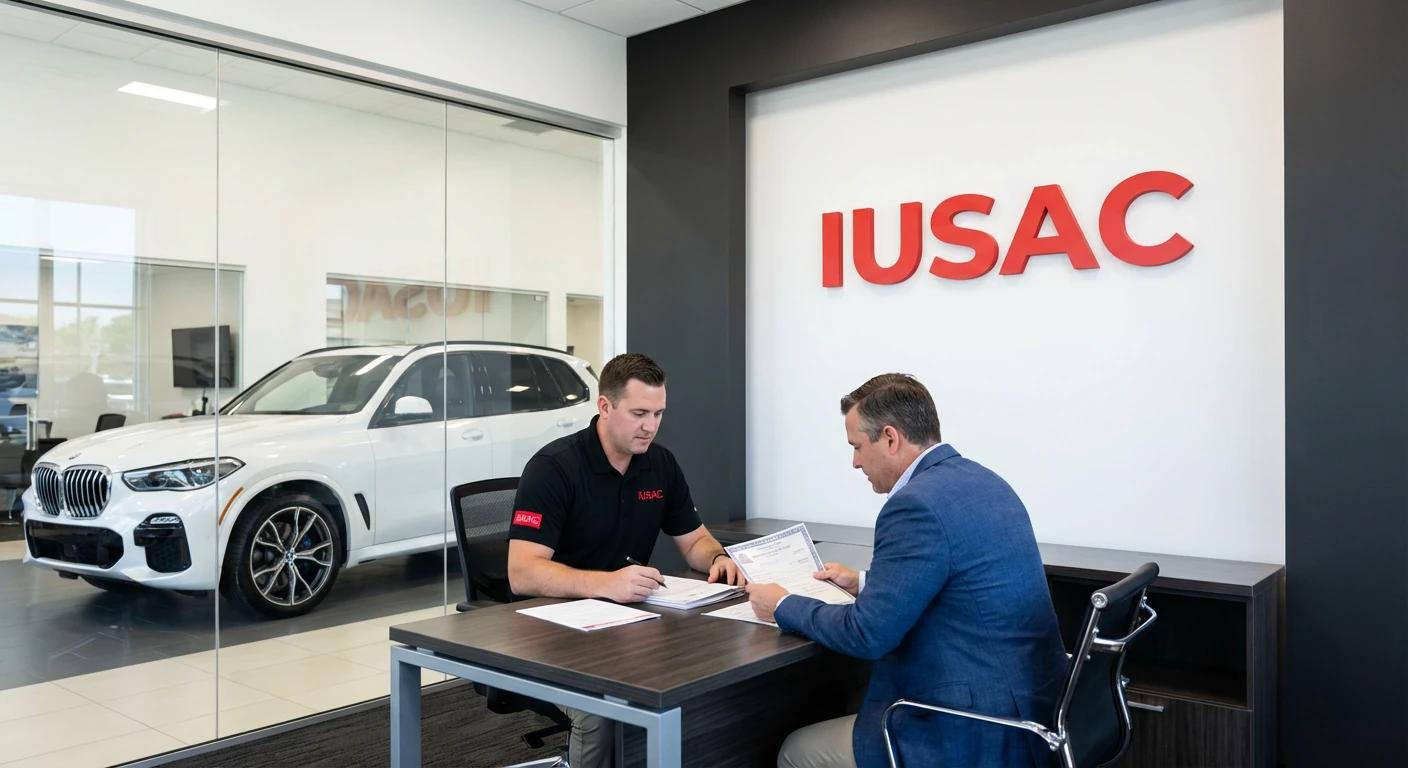 Specjalista IUSAC omawiający dokumenty do rejestracji auta z USA z klientem w nowoczesnym biurze