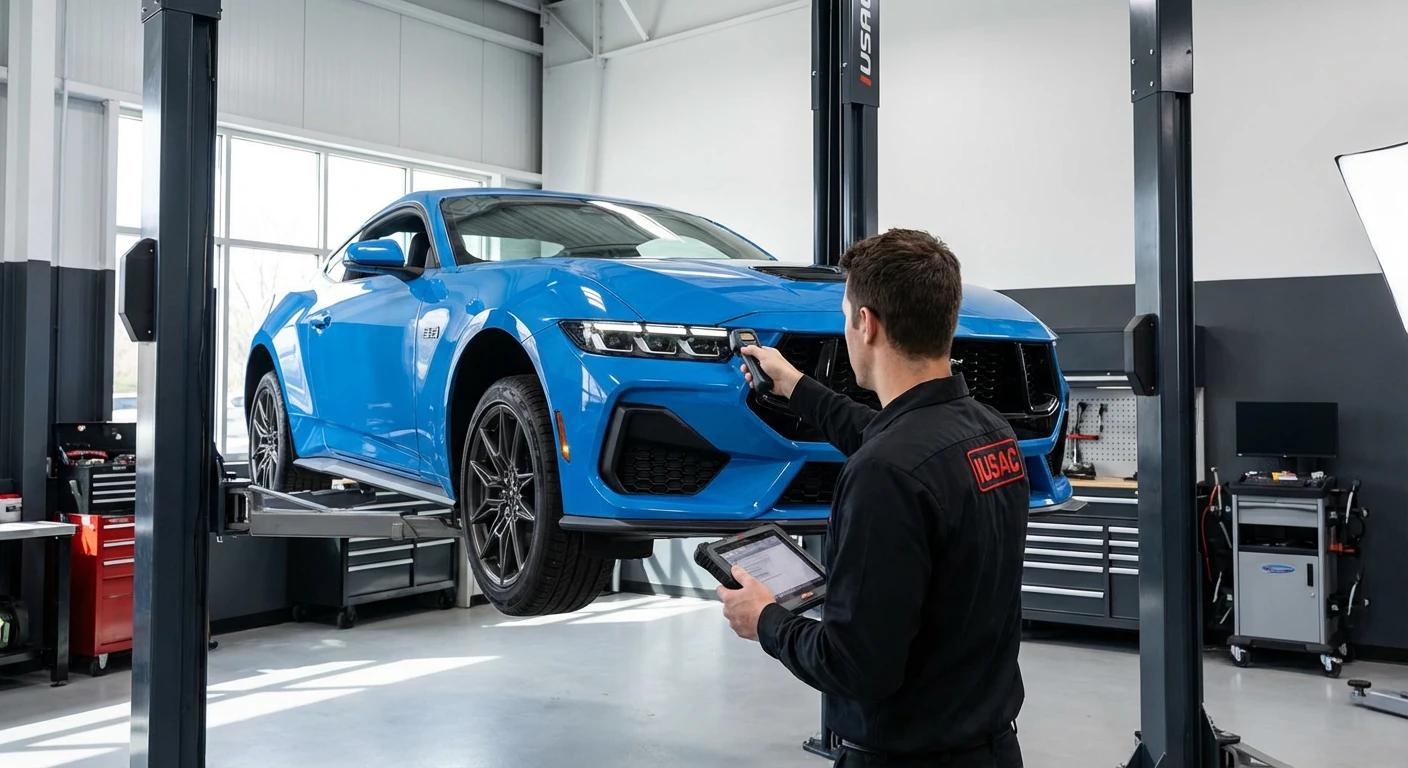 Technik IUSAC sprawdzający oświetlenie Forda Mustanga przed badaniem technicznym