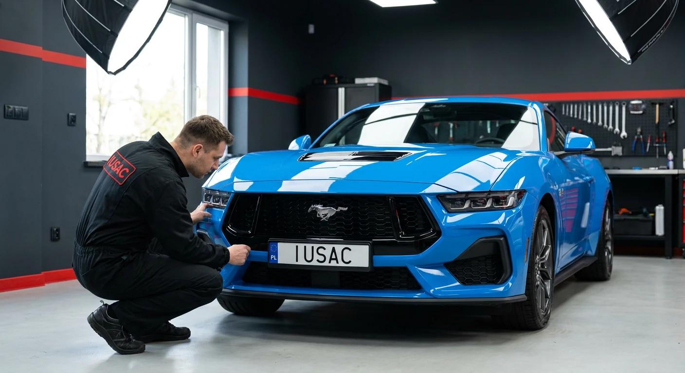 Technik IUSAC przeprowadzający inspekcję Forda Mustanga S650 przed dodaniem do katalogu aut z USA.