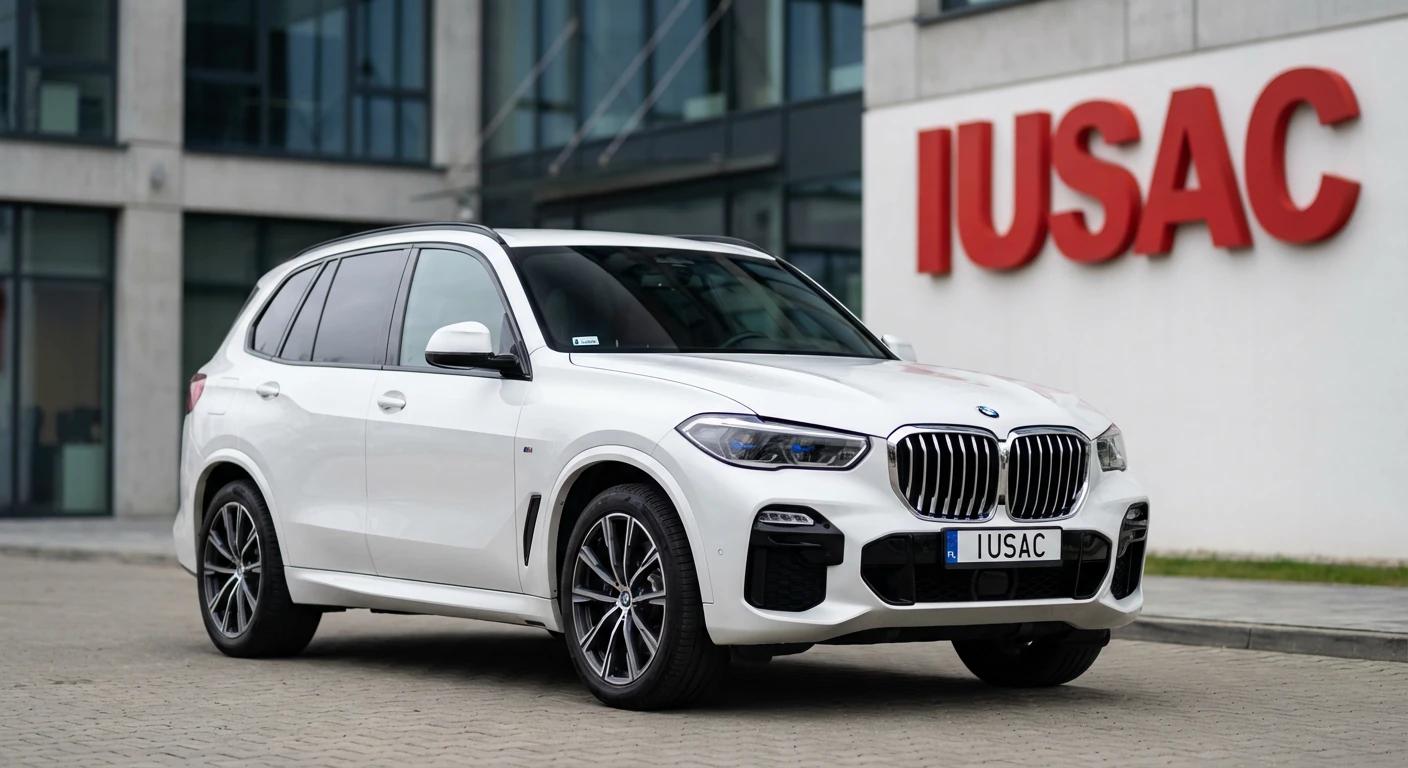 Białe BMW X5 G05 2024 jako przykład auta Clean Title przed biurem IUSAC