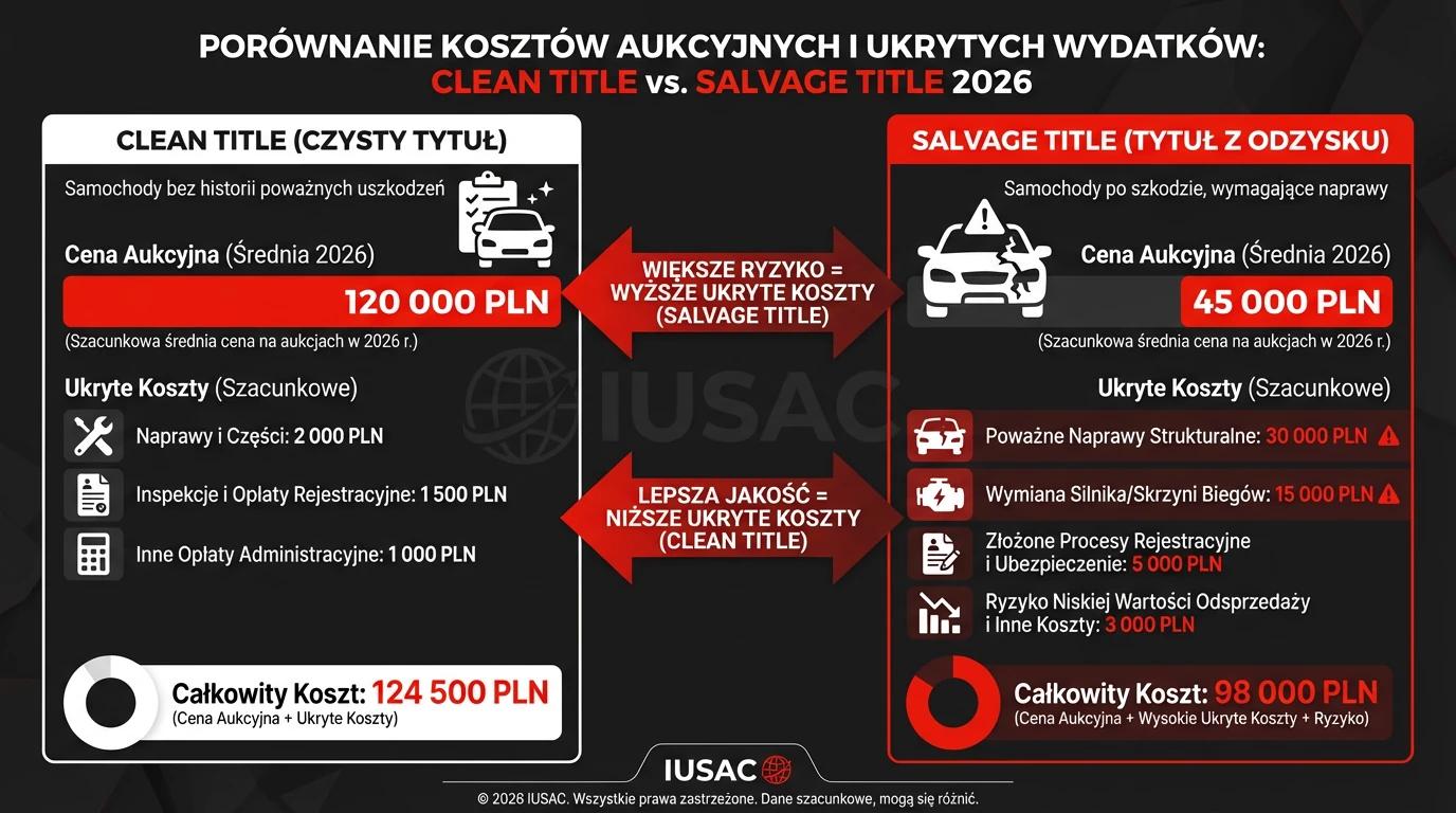 Infografika IUSAC porównująca koszty aut Clean Title i Salvage Title na aukcjach w USA w 2026 roku