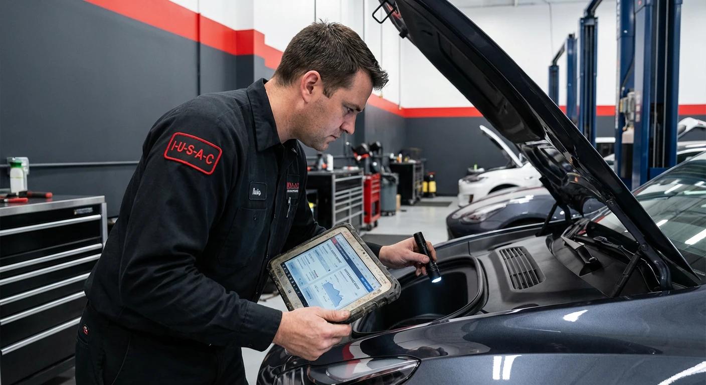Technik IUSAC weryfikujący stan mechaniczny i historię Tesla Model Y 2023 w warsztacie