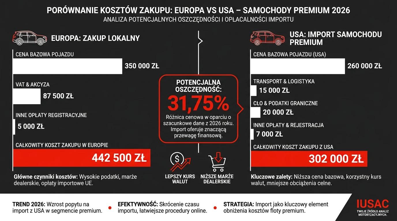 Infografika IUSAC pokazująca oszczędności przy imporcie aut premium z USA w 2026 roku
