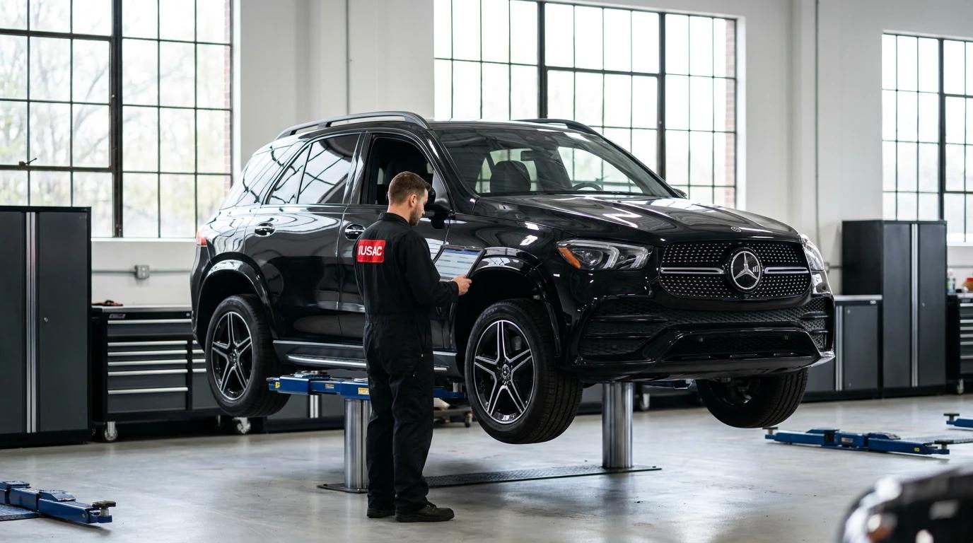 Technik IUSAC diagnozujący luksusowego Mercedesa GLE W167 sprowadzonego z Ameryki