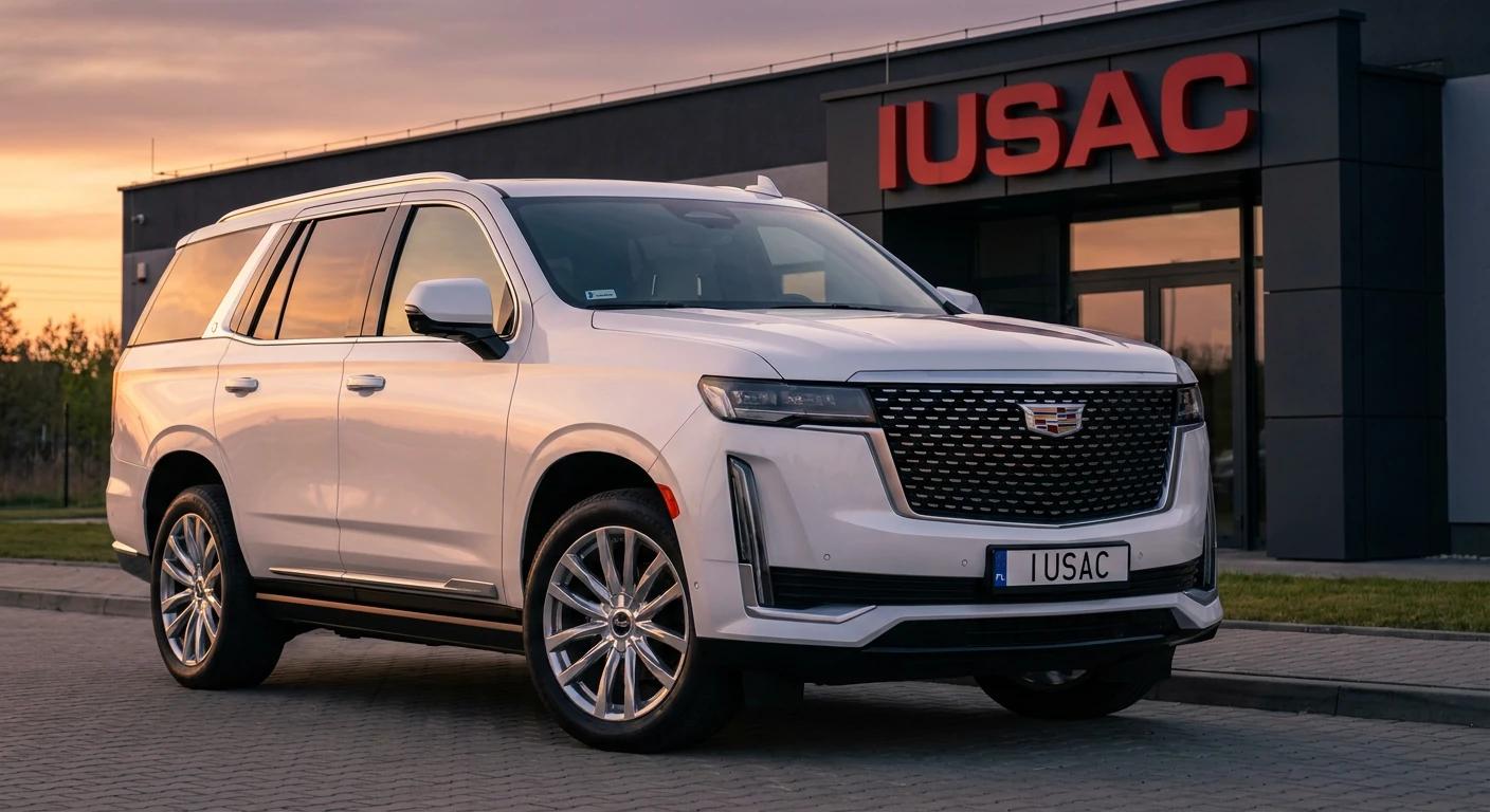 Potężny Cadillac Escalade z USA zaparkowany przed biurem IUSAC o zachodzie słońca