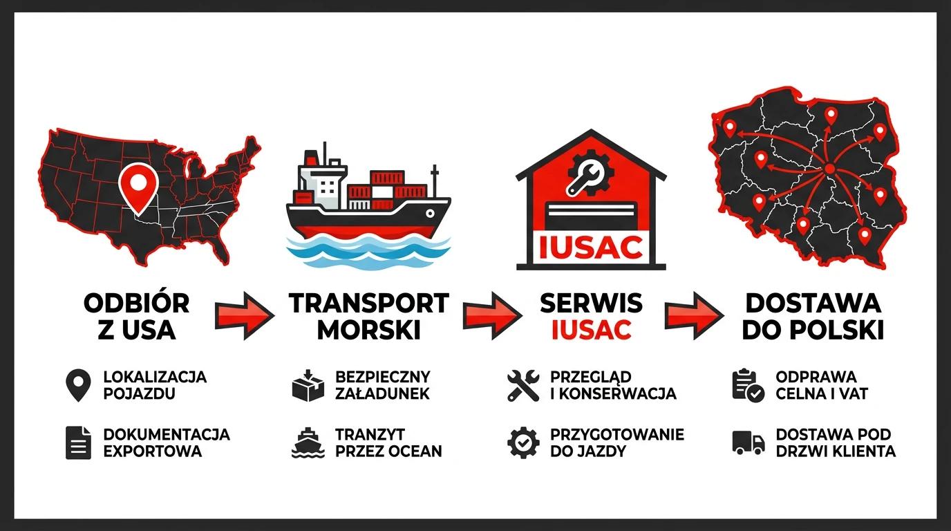 Infografika IUSAC pokazująca proces importu aut z USA i dostawy pod dom w Polsce