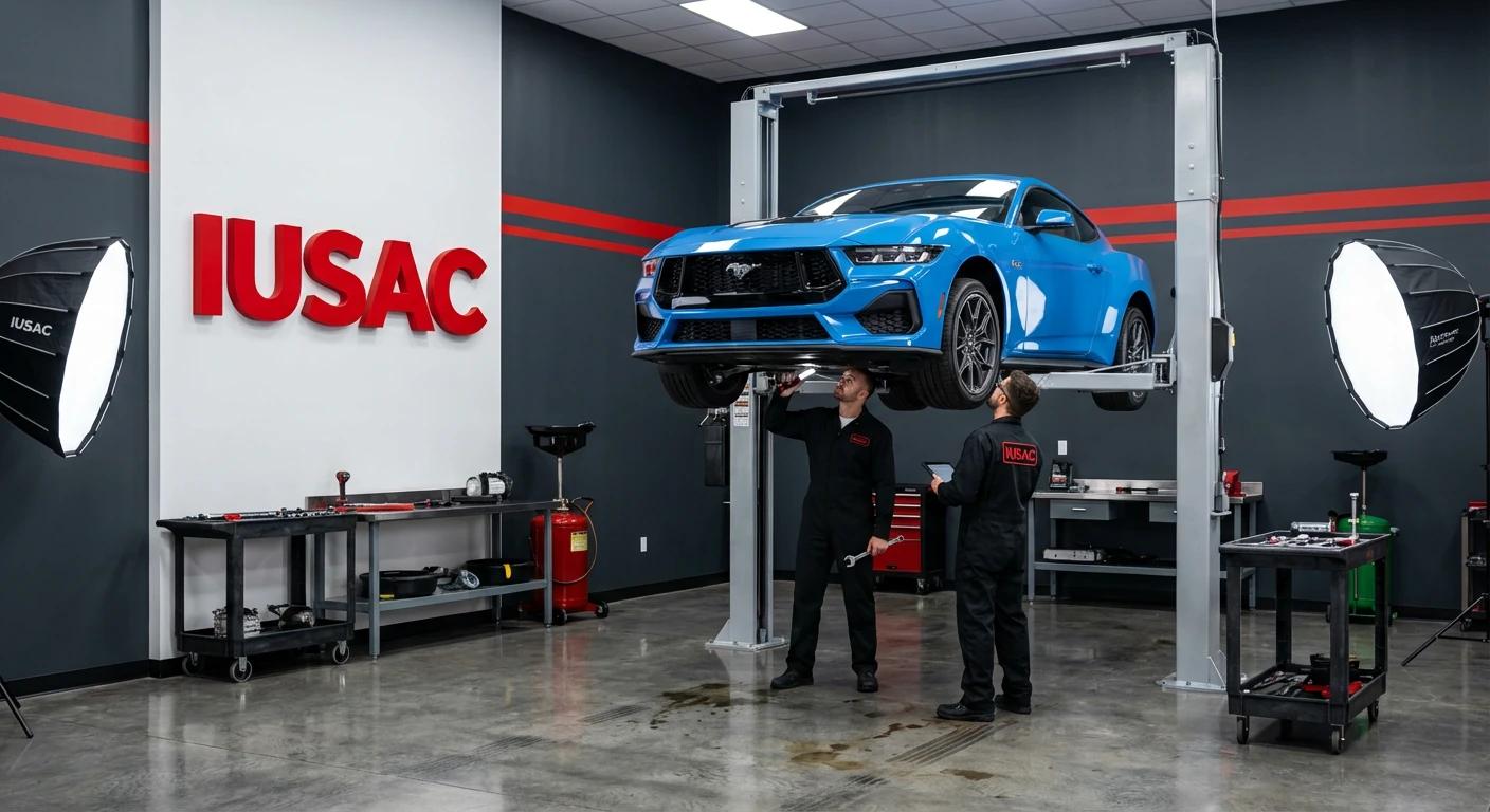 Mechanicy IUSAC naprawiający Forda Mustanga S650 2023 w nowoczesnym warsztacie przed dostawą