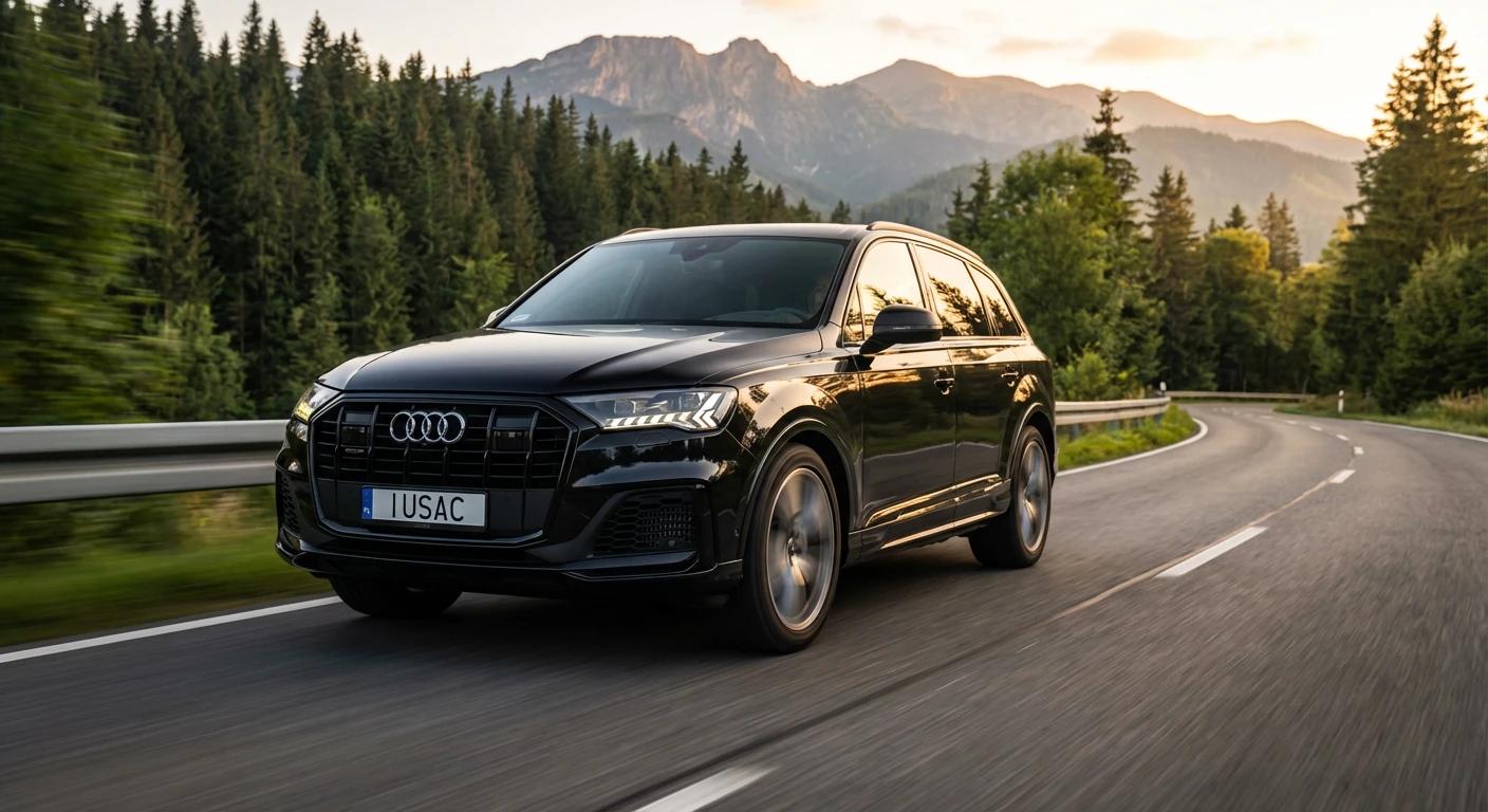 Czarne Audi Q7 4M 2024 jadące górską drogą, symbolizujące auta z USA Małopolskie od IUSAC
