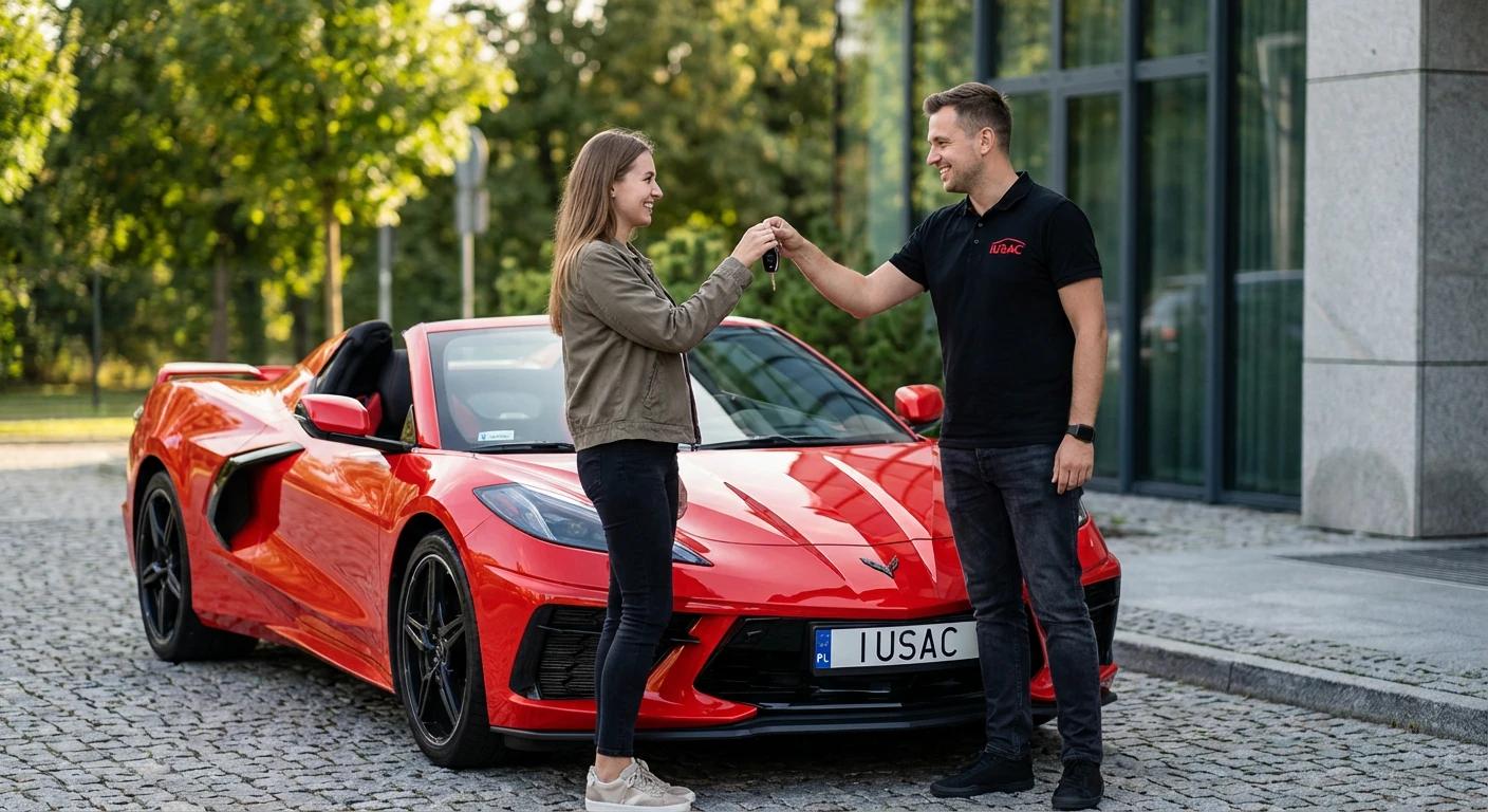 Przedstawiciel IUSAC przekazujący kluczyki do Chevroleta Corvette C8 2023 klientowi, auta z USA Opole