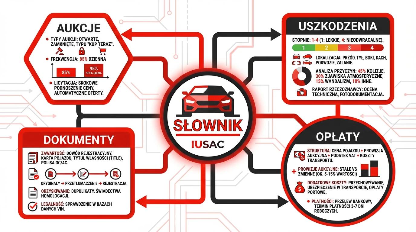 Infografika IUSAC przedstawiająca słownik pojęć aukcyjnych z USA: uszkodzenia, dokumenty i opłaty