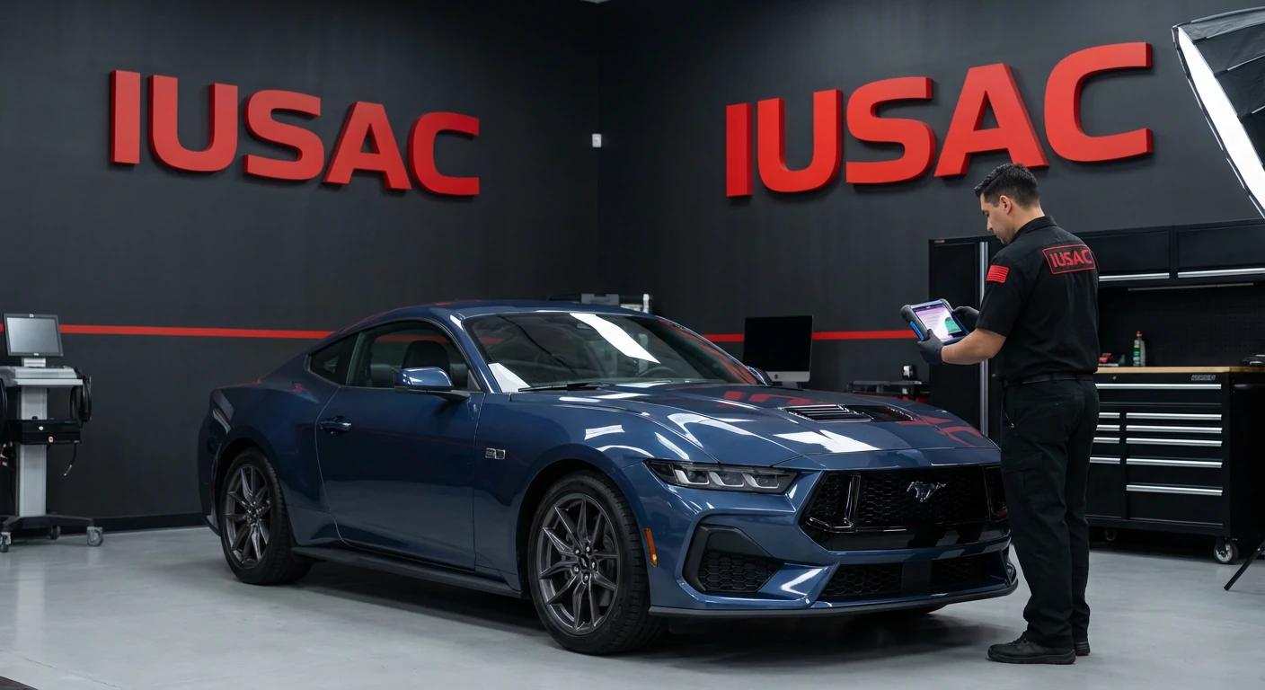 Technik IUSAC sprawdzający uszkodzenia Front End w Ford Mustang S650 w warsztacie