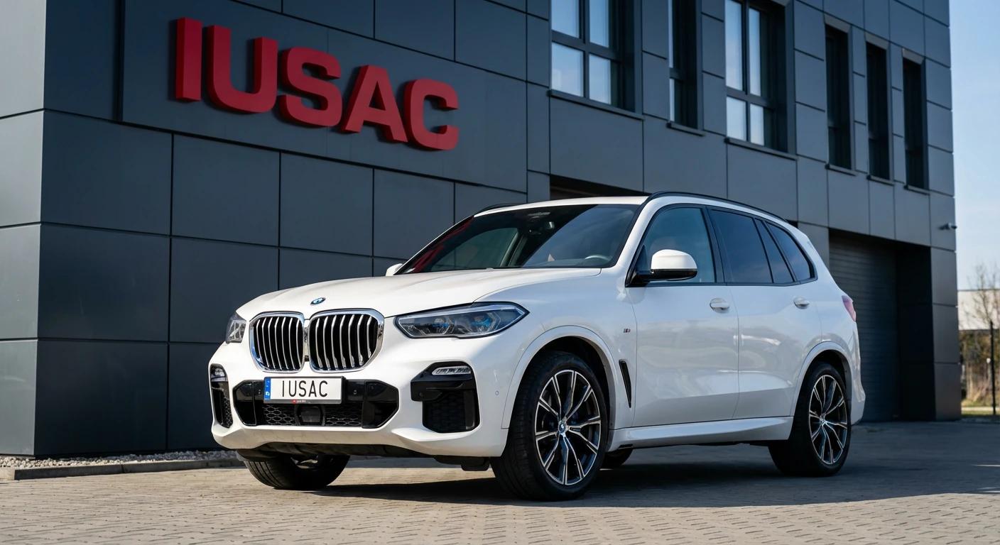 W pełni naprawione BMW X5 G05 z USA przed biurem IUSAC gotowe do wydania klientowi