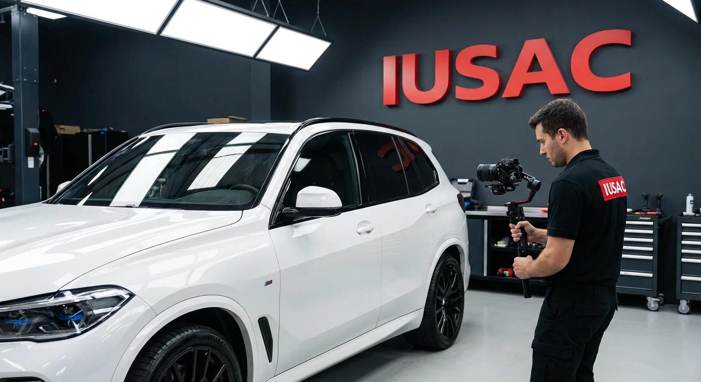 Technik IUSAC nagrywający wideo BMW X5 w nowoczesnym warsztacie na potrzeby Strefy Video