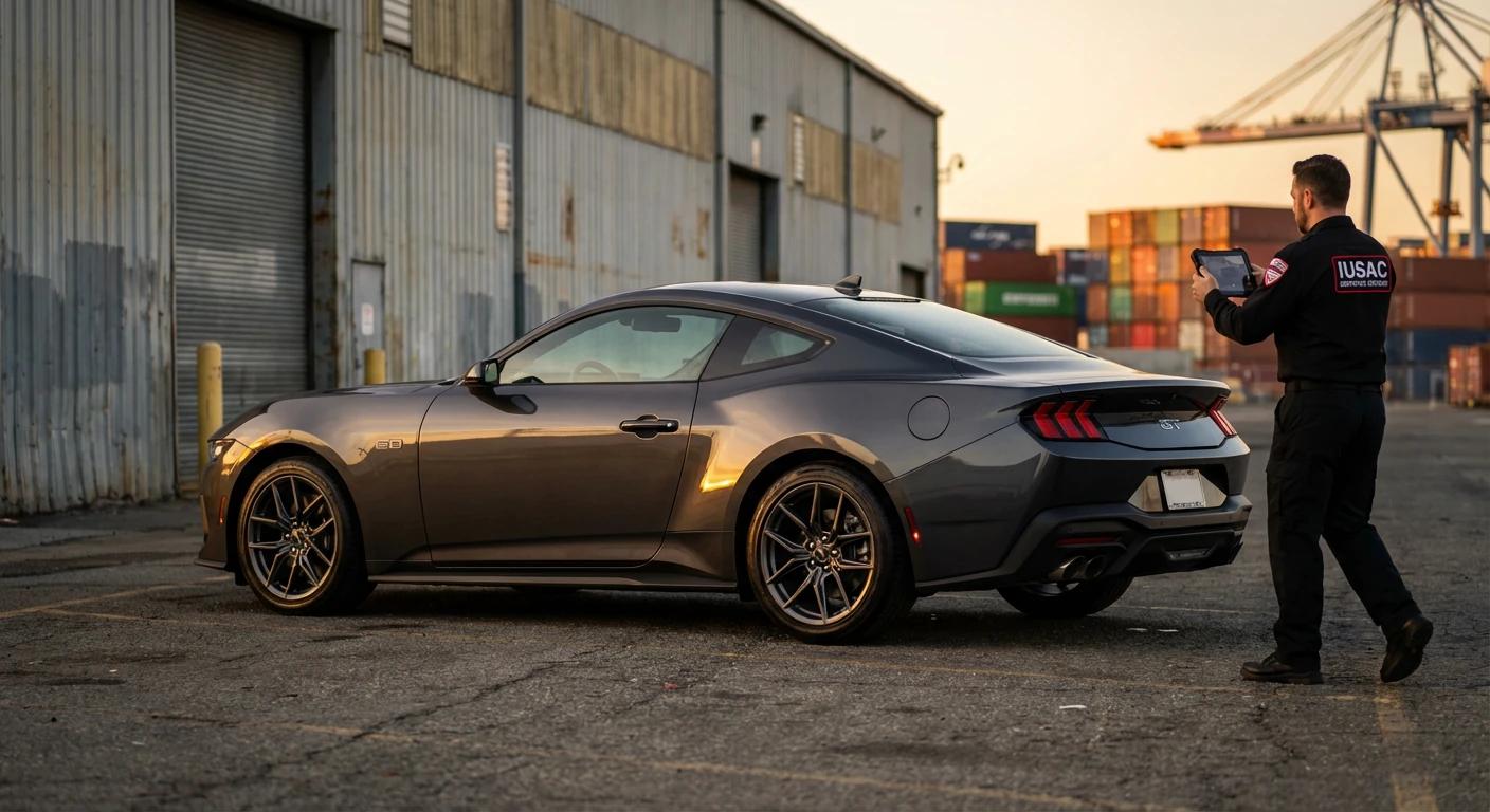 Inspektor IUSAC nagrywający oględziny Forda Mustanga 2023 w porcie dla Strefy Video