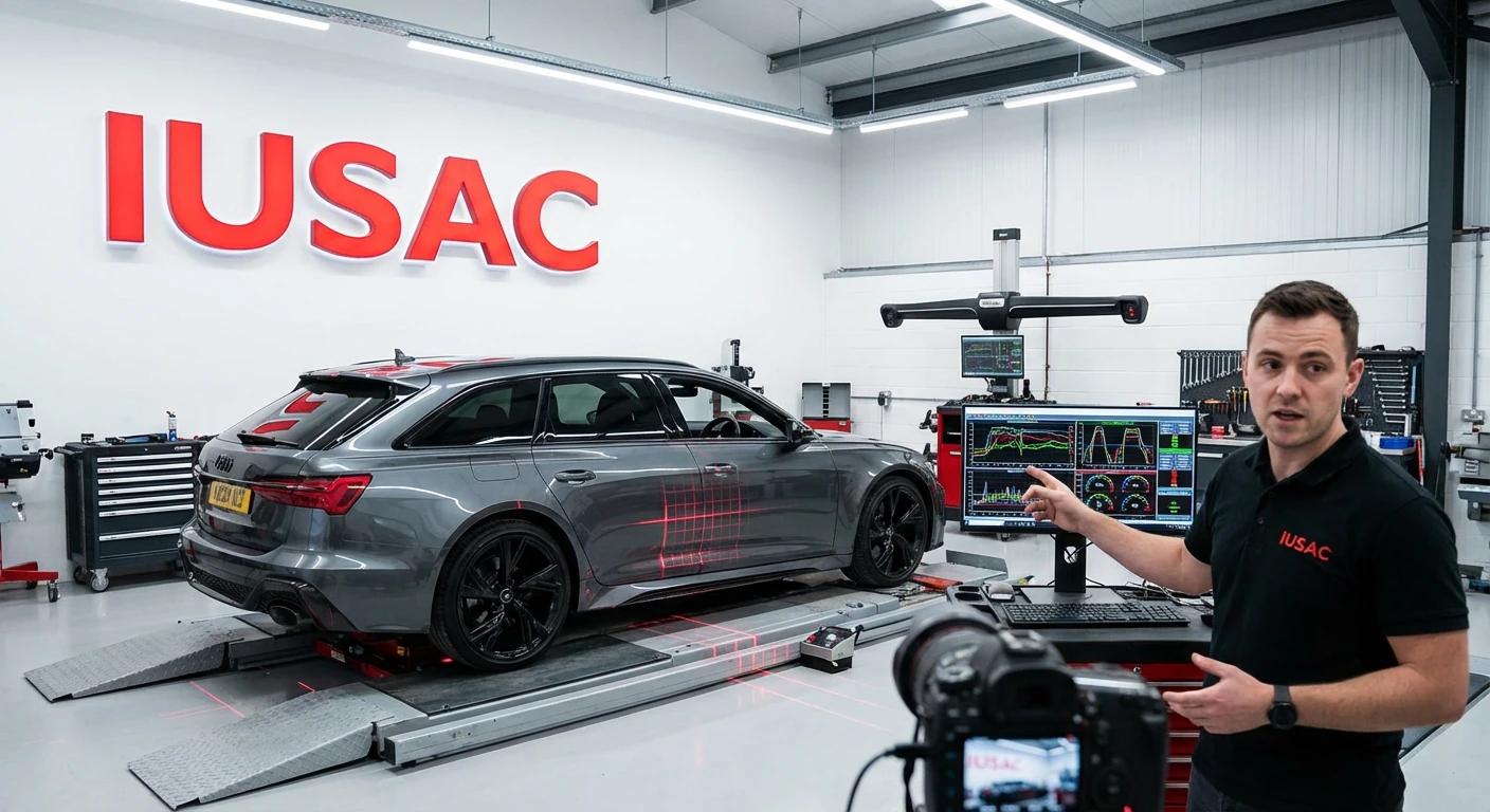 Ekspert IUSAC tłumaczący proces naprawy Audi RS6 na ramie pomiarowej przed kamerą