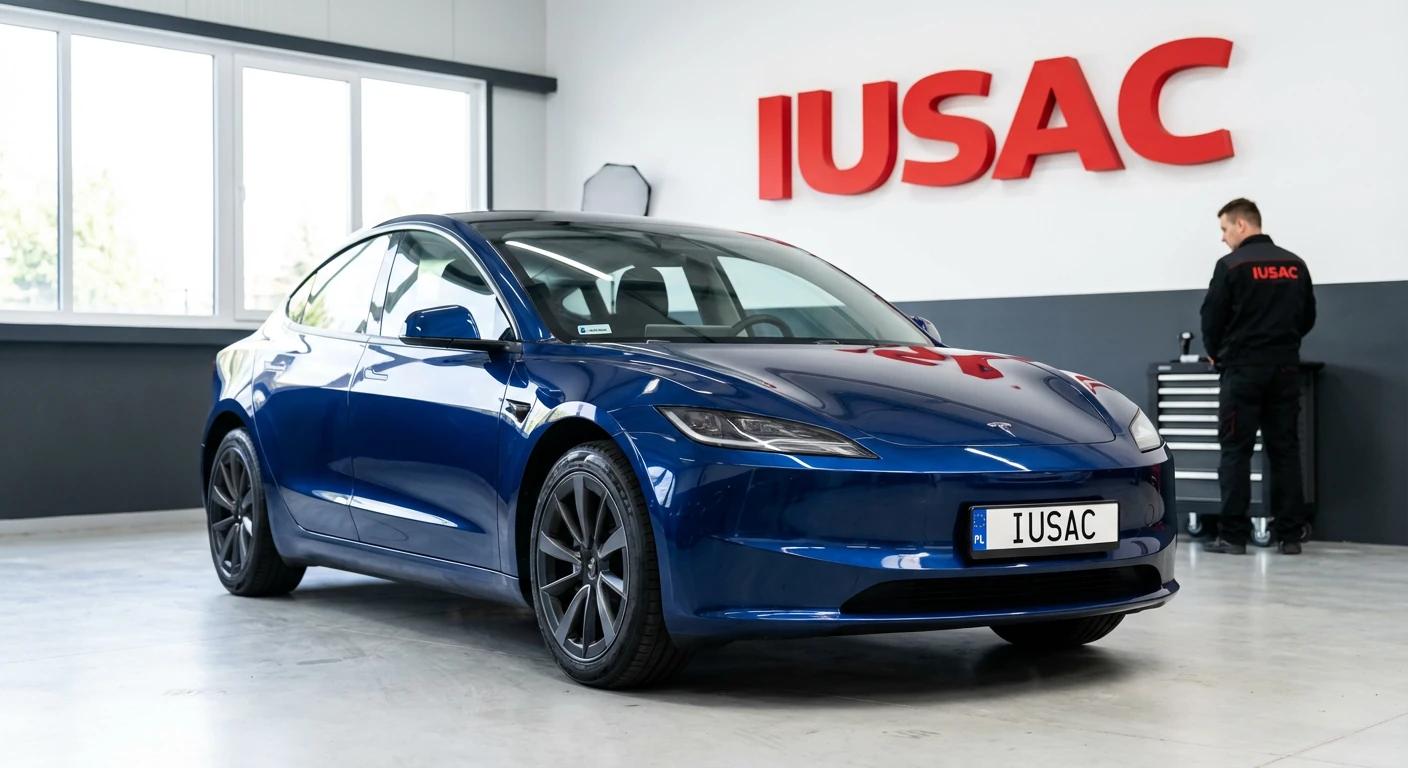 Niebieska Tesla Model 3 z USA w nowoczesnym warsztacie IUSAC