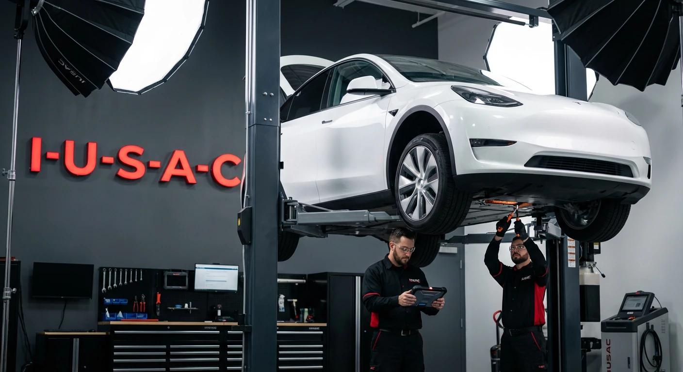 Technicy IUSAC sprawdzający baterię w Tesli Model Y sprowadzonej z USA