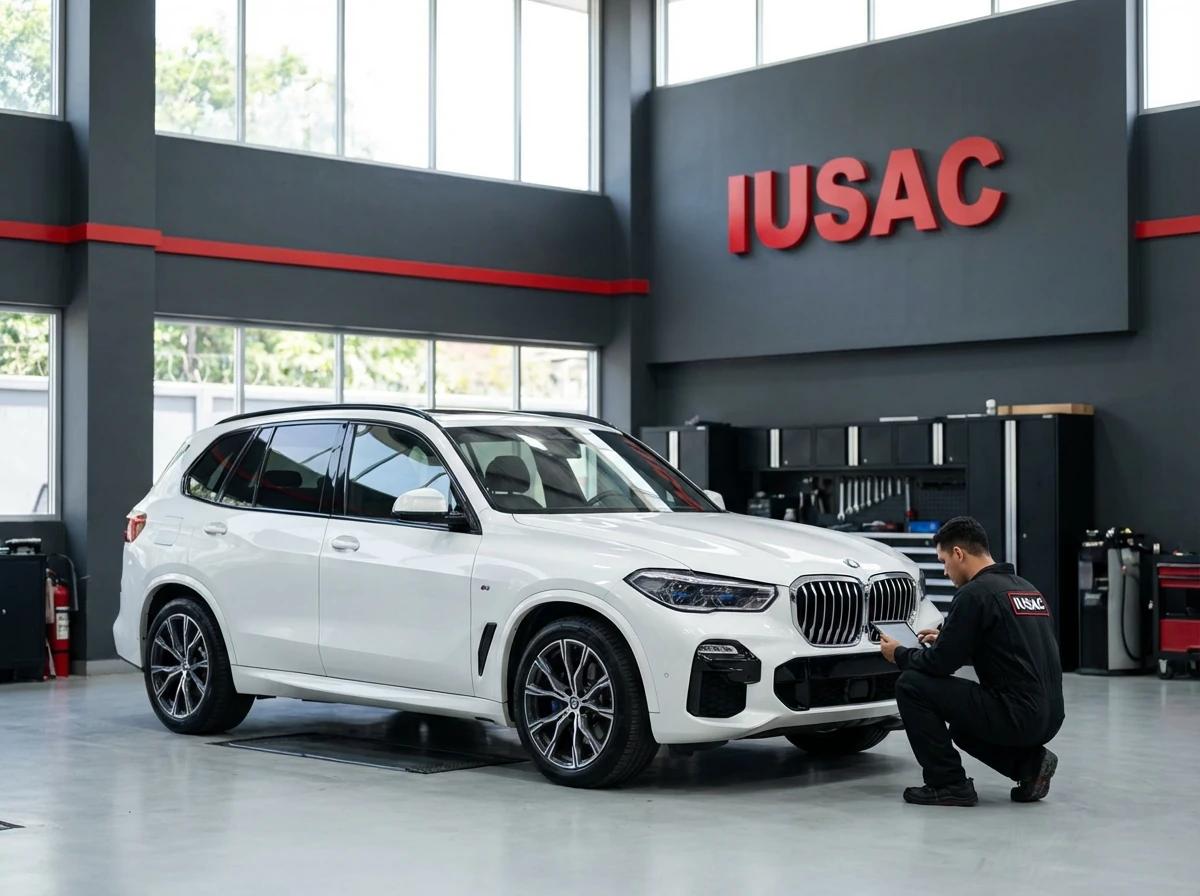 Technik IUSAC weryfikujący stan BMW X5 po szkodzie całkowitej w profesjonalnym warsztacie