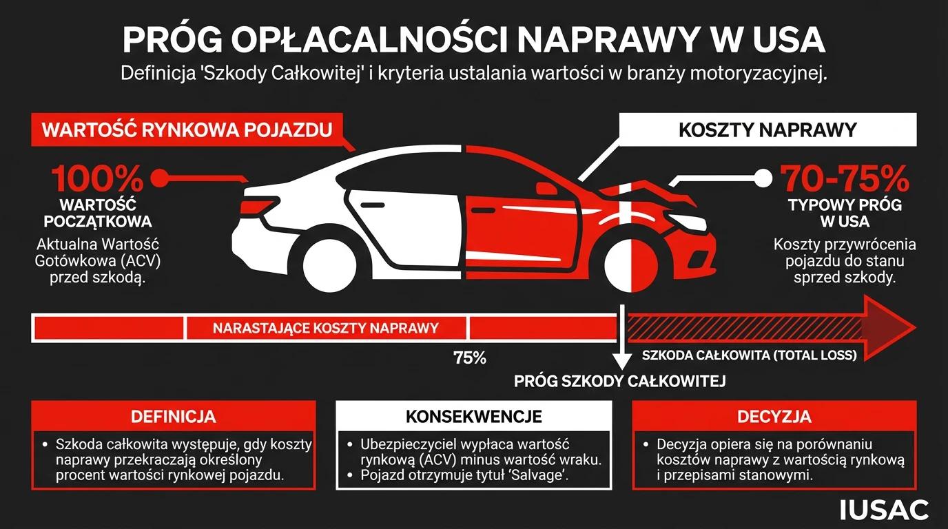 Infografika IUSAC wyjaśniająca próg opłacalności naprawy i status Total Loss Vehicle