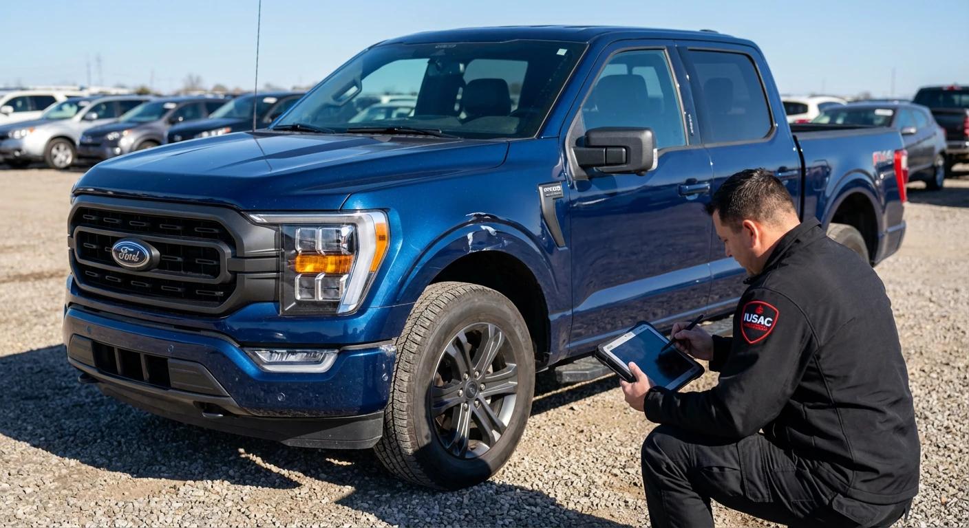 Ekspert IUSAC sprawdzający uszkodzenia Forda F-150 na placu aukcyjnym w USA