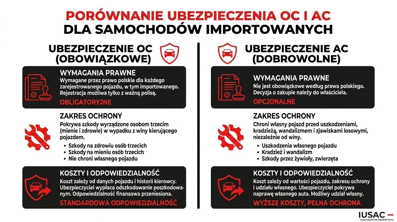 Infografika IUSAC przedstawiająca różnice w wymaganiach ubezpieczenia OC i AC dla aut z USA.