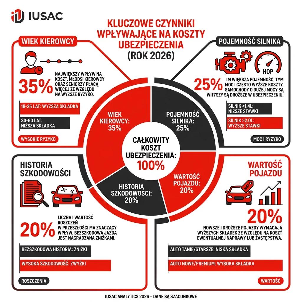 Czynniki wpływające na koszty ubezpieczenia samochodu z USA w 2026 roku - infografika IUSAC.