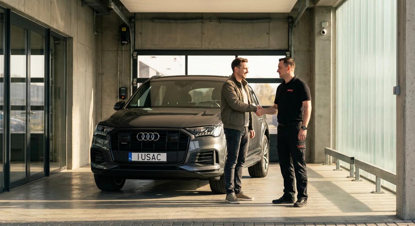 Zadowolony klient odbierający ubezpieczone i naprawione Audi Q7 od przedstawiciela IUSAC.