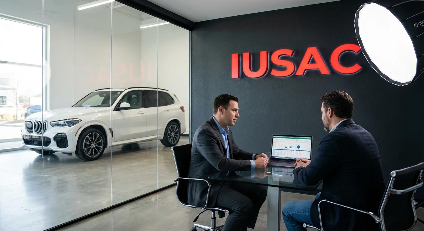 Konsultant IUSAC przedstawiający klientowi transparentne koszty sprowadzenia auta z USA w biurze