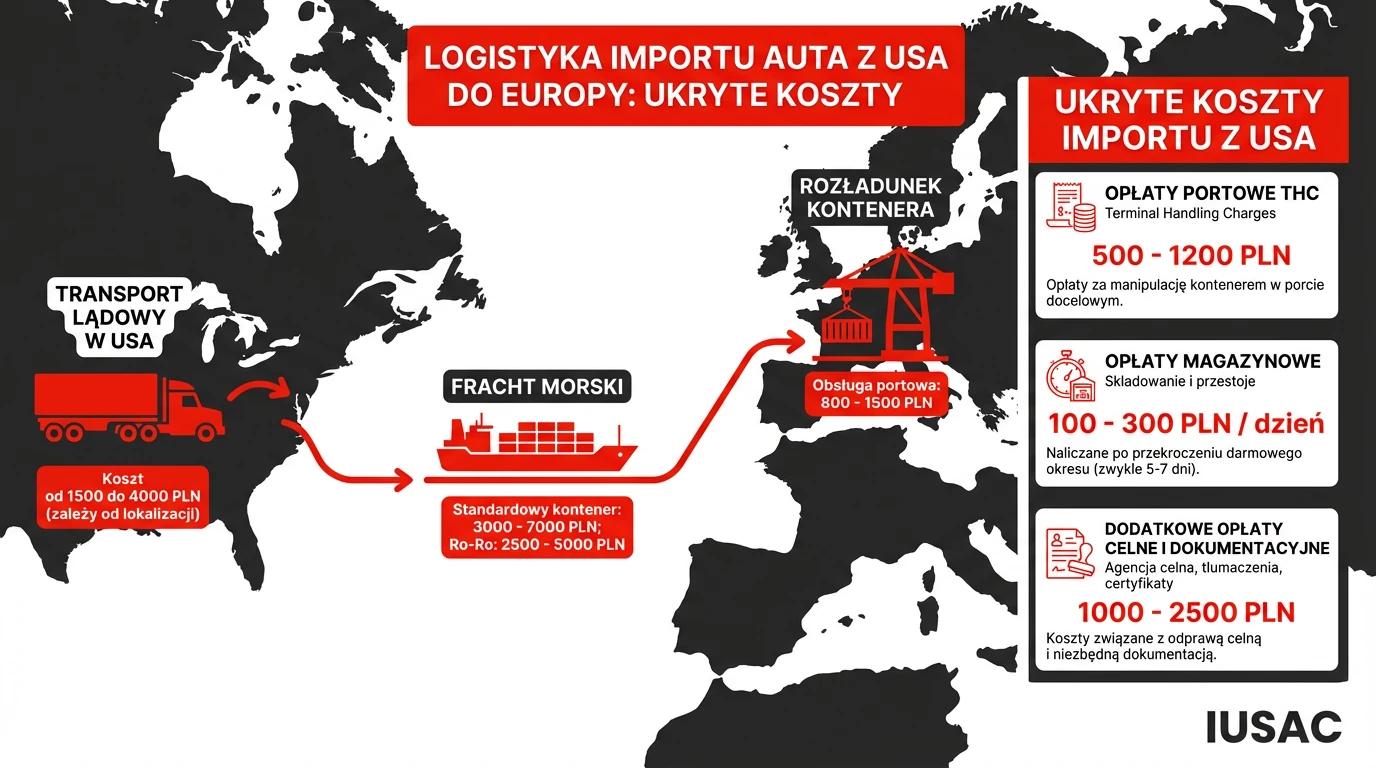 Infografika IUSAC pokazująca ukryte opłaty logistyczne i transportowe przy imporcie aut z USA