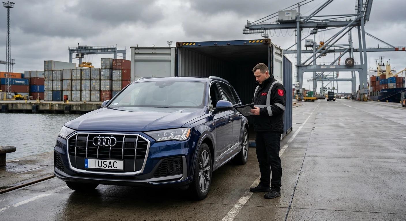 Koordynator IUSAC odbierający Audi Q7 w porcie po opłaceniu cła i uniknięciu ukrytych kosztów