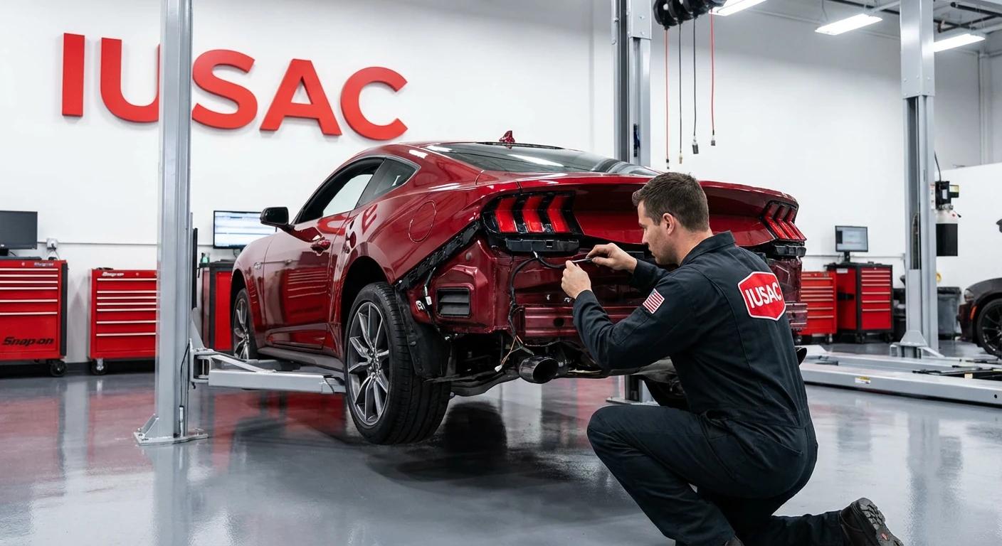 Technik IUSAC wykonujący homologację Forda Mustanga S650 z USA w profesjonalnym warsztacie