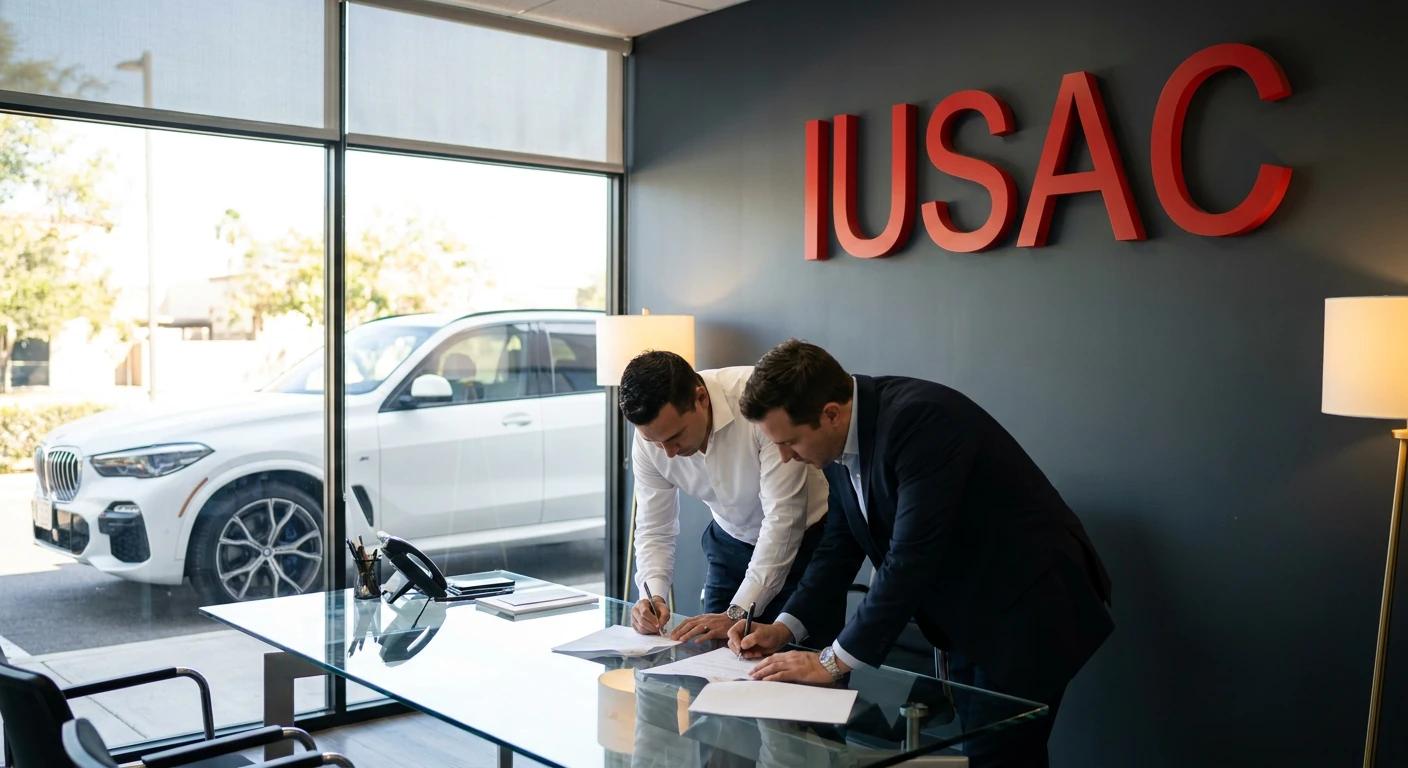 Klient podpisujący bezpieczną umowę na import auta z USA z doradcą IUSAC w nowoczesnym biurze