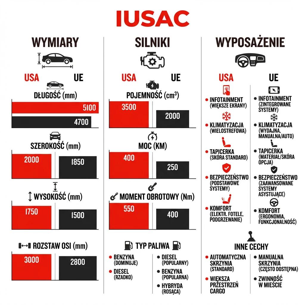 Infografika IUSAC porównująca wymiary i silniki Volkswagena Tiguana z USA i Europy