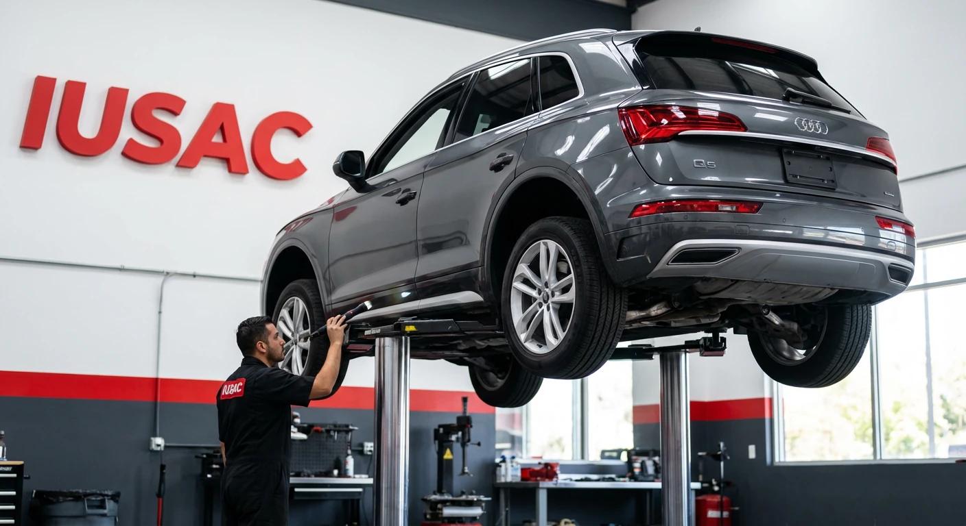 Mechanik IUSAC sprawdzający podwozie Audi Q5 z USA w nowoczesnym warsztacie