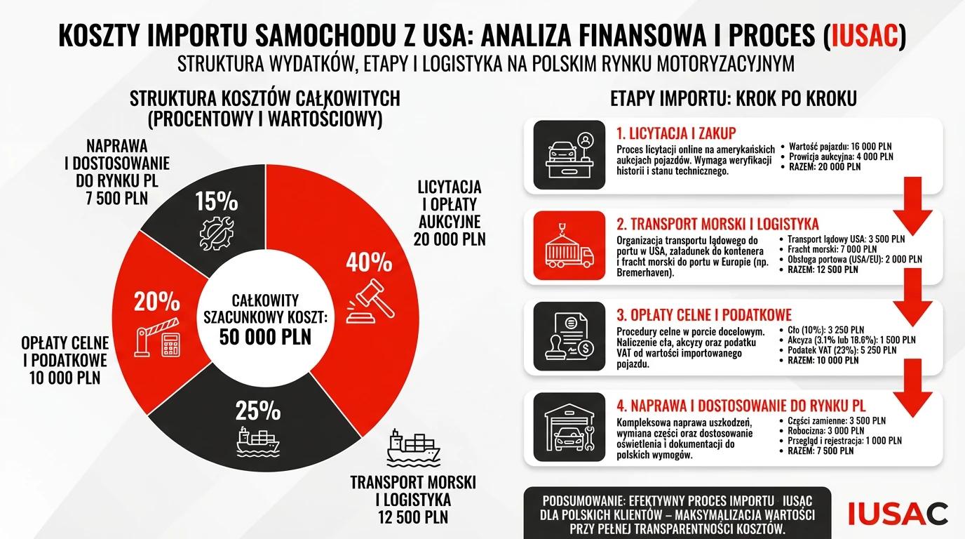 Schemat kosztów sprowadzenia samochodu z USA do Polski przygotowany przez IUSAC