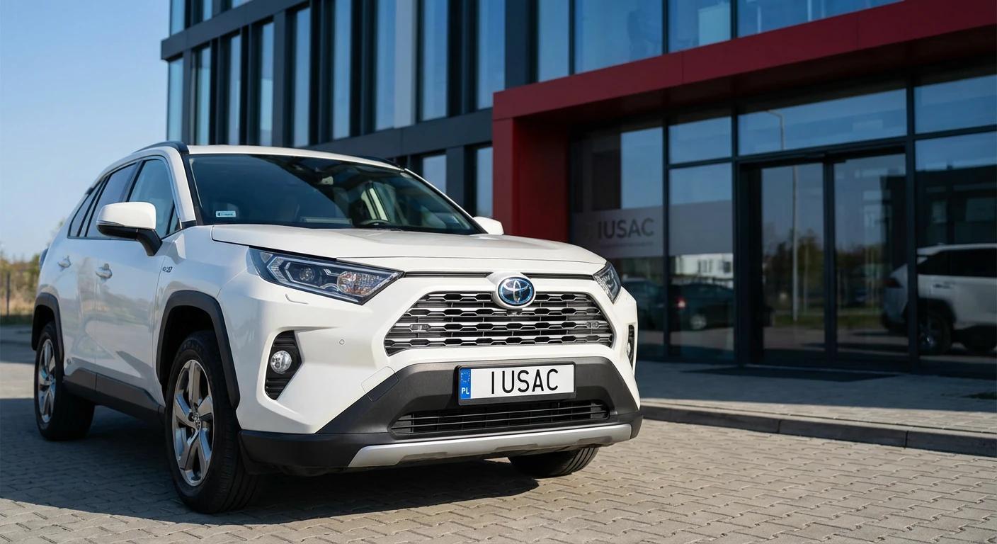 Zaimportowana Toyota RAV4 z tablicą rejestracyjną IUSAC przed biurem firmy