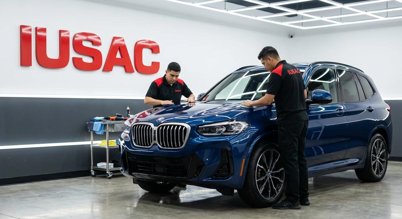 Technicy IUSAC polerujący lakier BMW X3 w strefie detailingu po naprawie powypadkowej