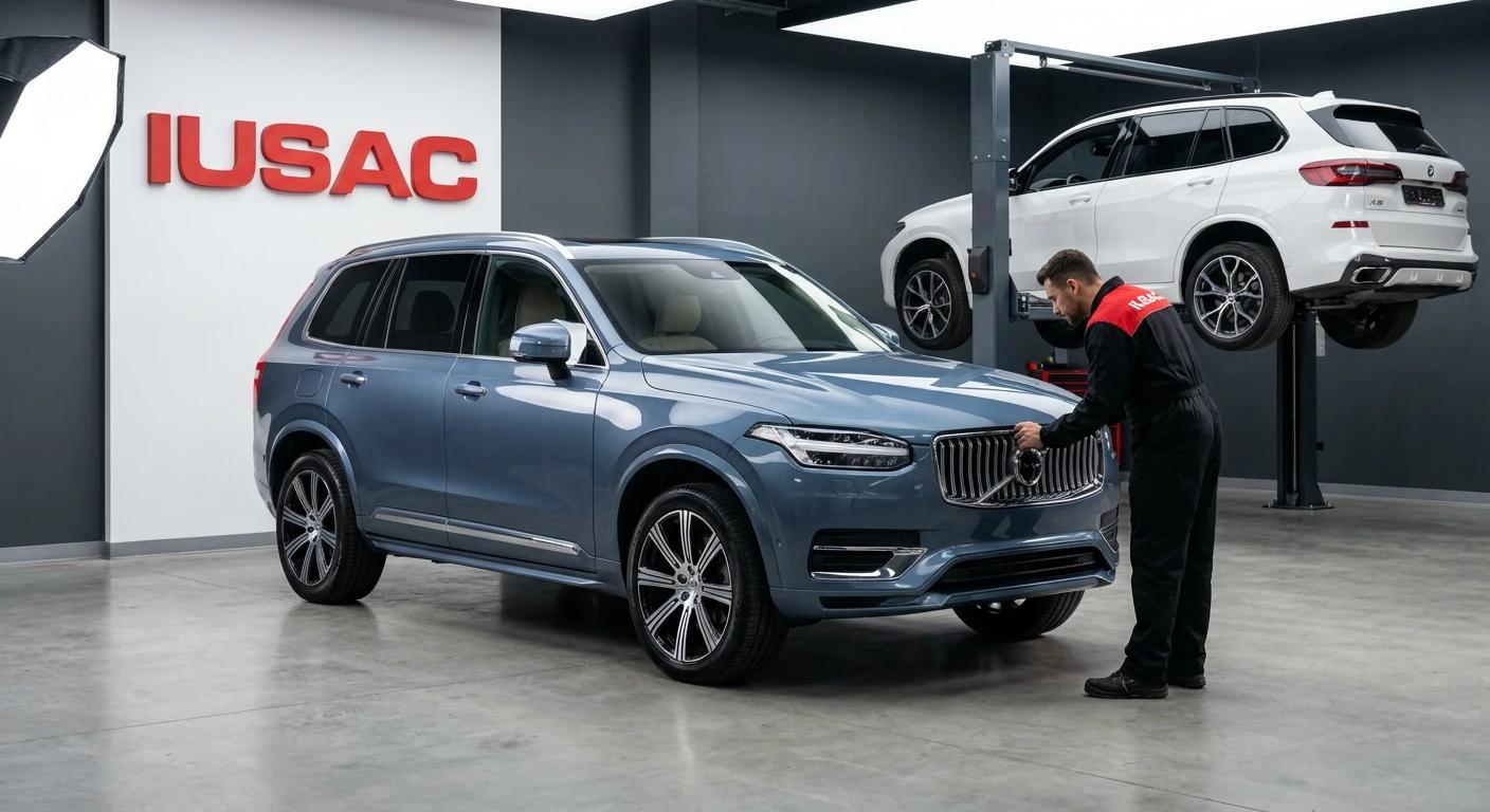 Mechanik IUSAC sprawdzający przód Volvo XC90 2025 w nowoczesnym warsztacie w Polsce