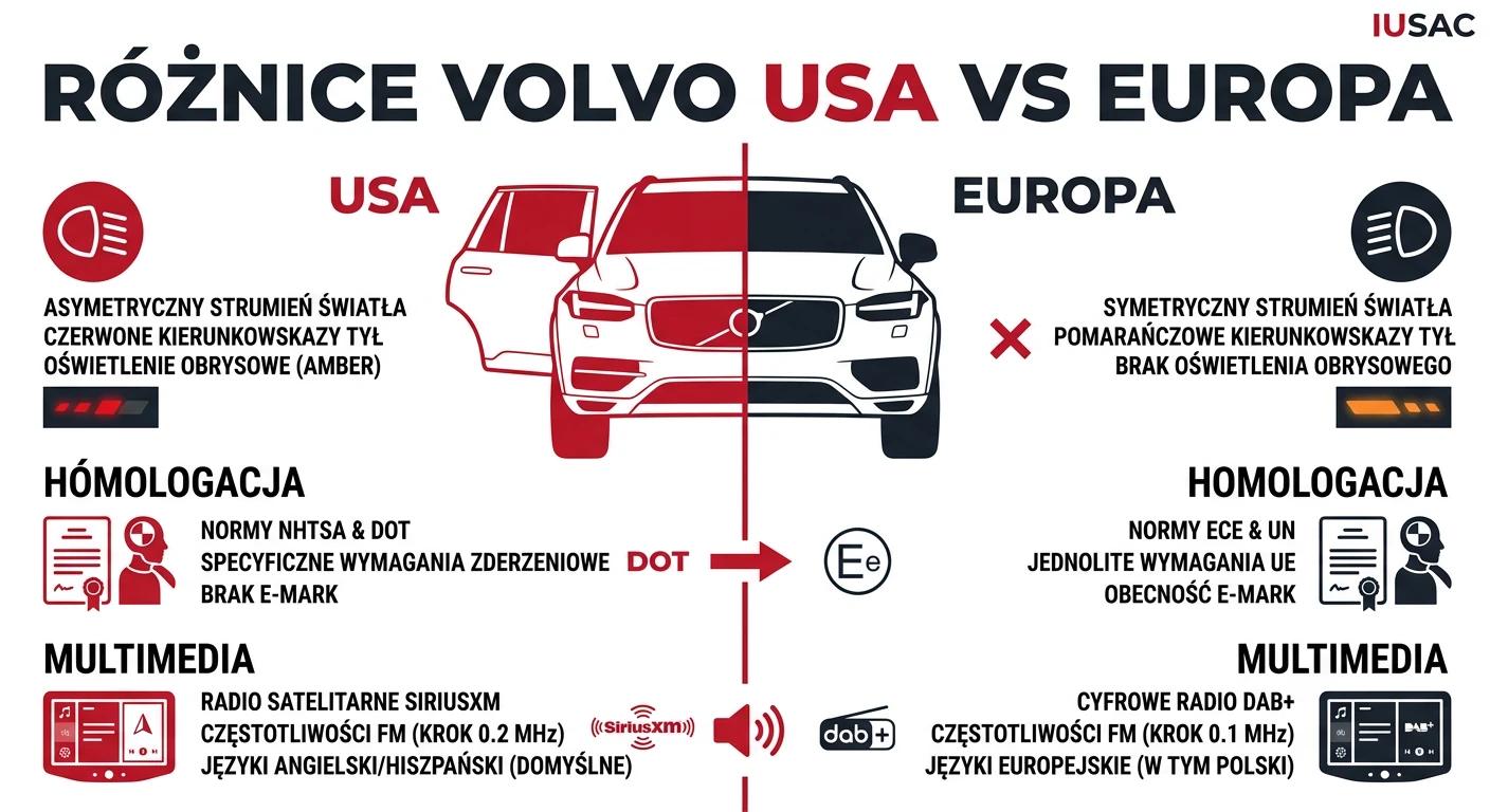 Infografika IUSAC przedstawiająca różnice między Volvo z USA a wersją europejską