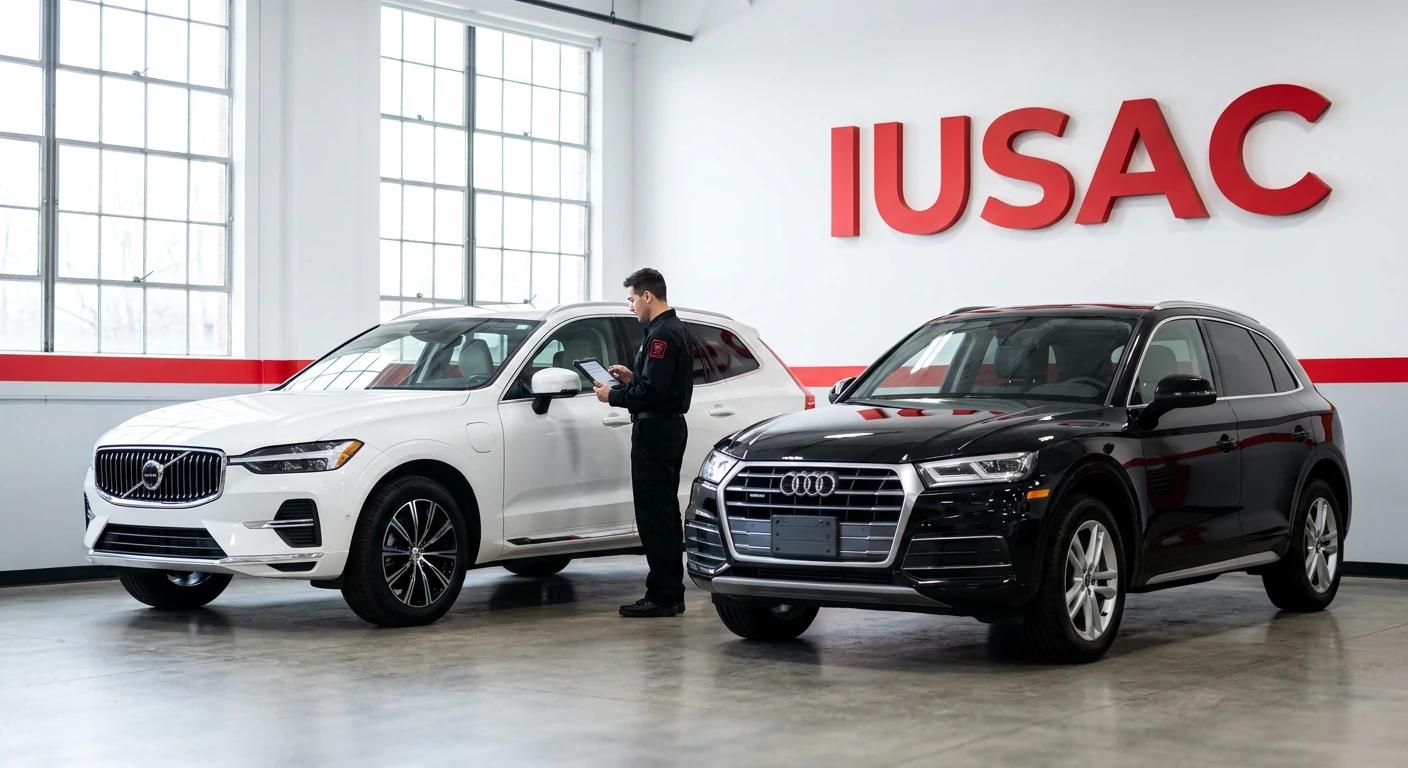 Technik IUSAC diagnozujący oprogramowanie Volvo XC60 z USA w serwisie samochodowym