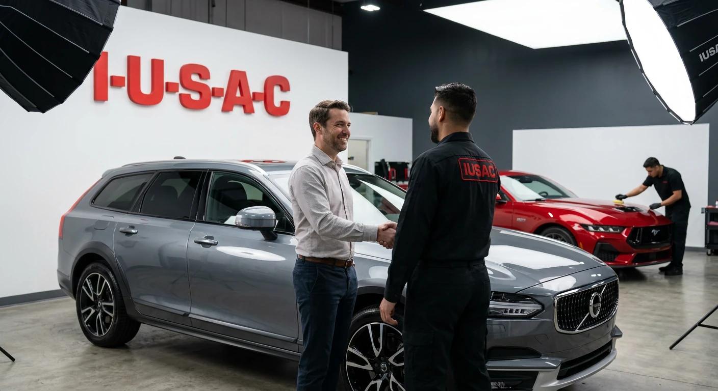 Zadowolony klient odbierający sprowadzone z USA Volvo V90 od specjalisty IUSAC