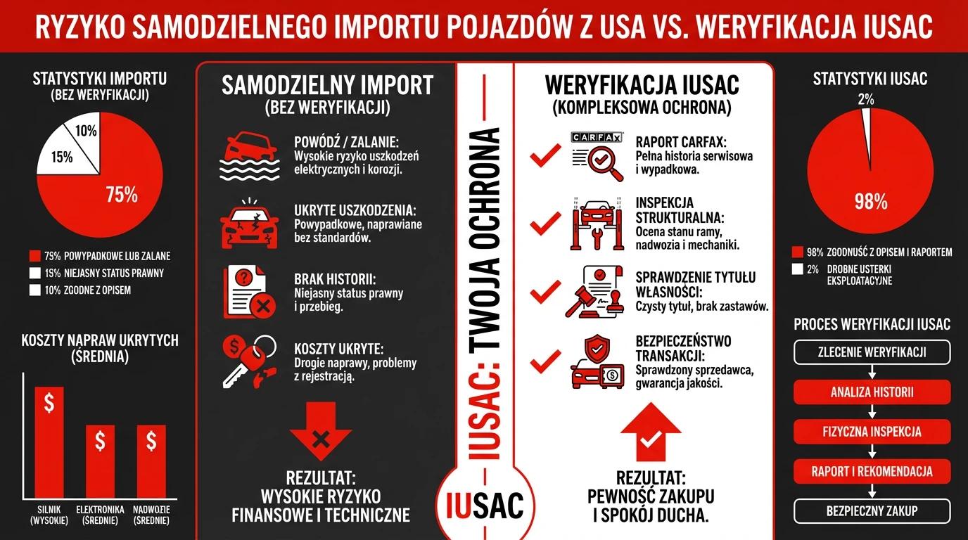 Infografika IUSAC porównująca ryzyko samodzielnego importu aut z USA z bezpieczną weryfikacją historii przez ekspertów.