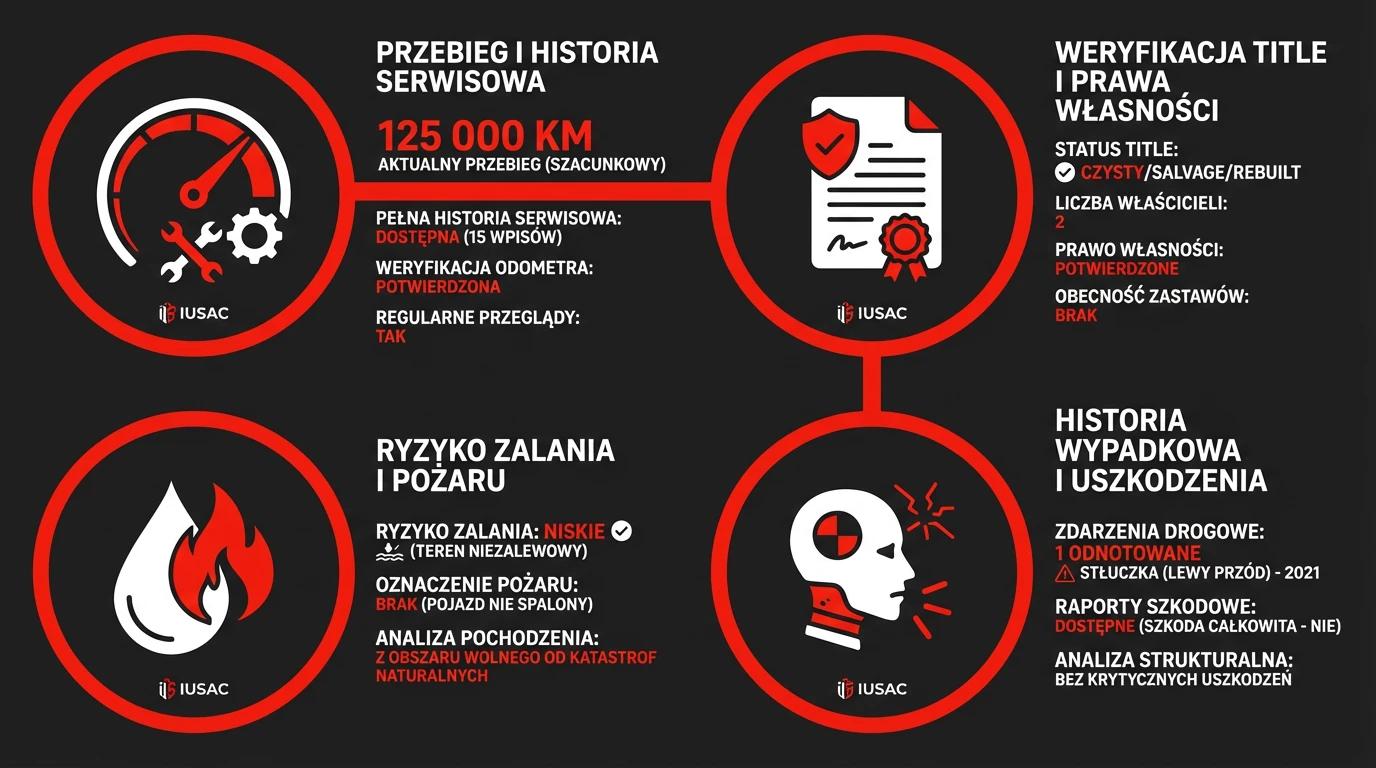 Schemat pokazujący kluczowe elementy raportu CARFAX i analizy historii auta z USA przeprowadzanej przez IUSAC.