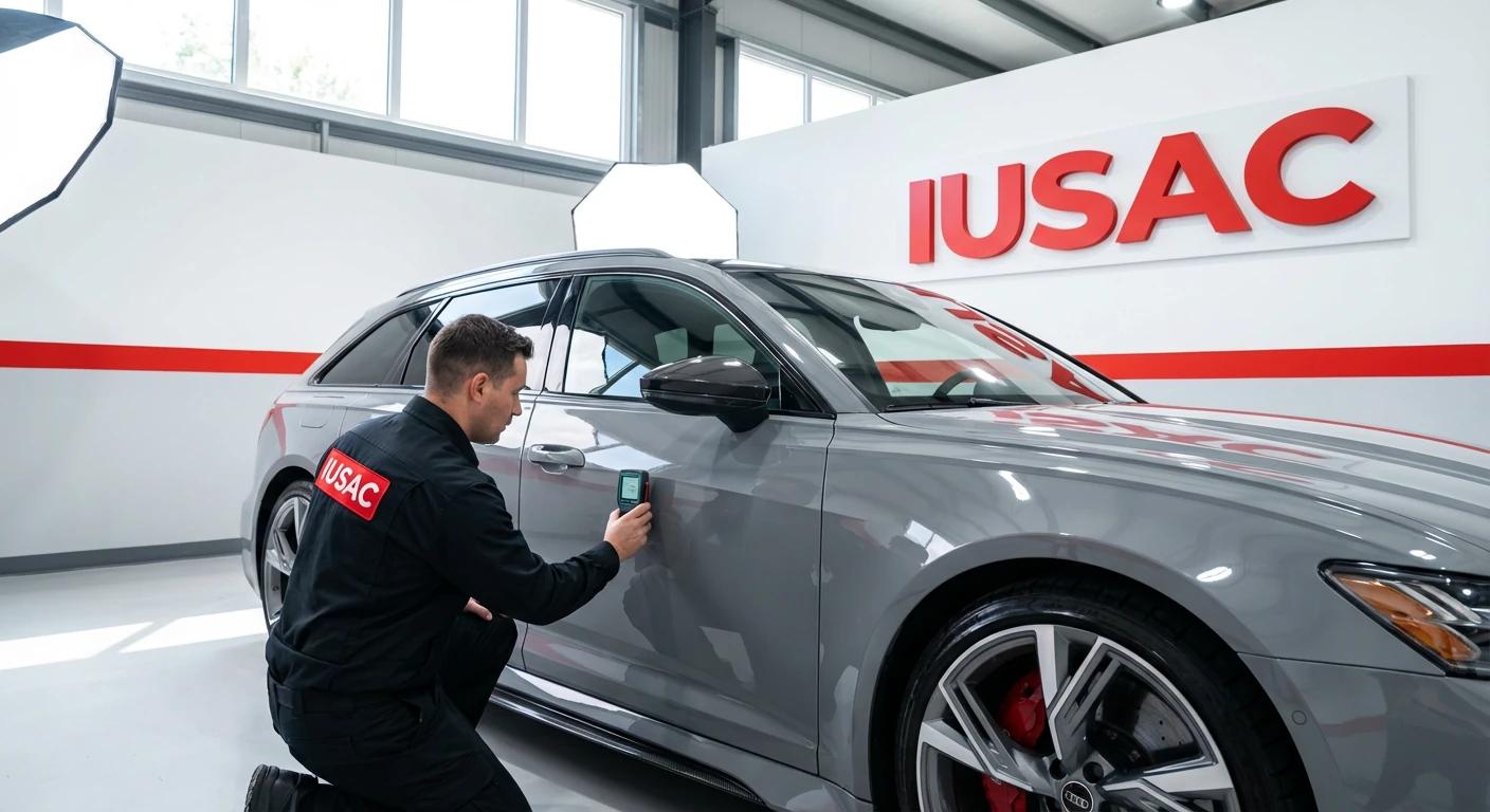 Rzeczoznawca IUSAC badający grubość powłoki lakierniczej w Audi RS6 Avant C8 podczas weryfikacji powypadkowej.