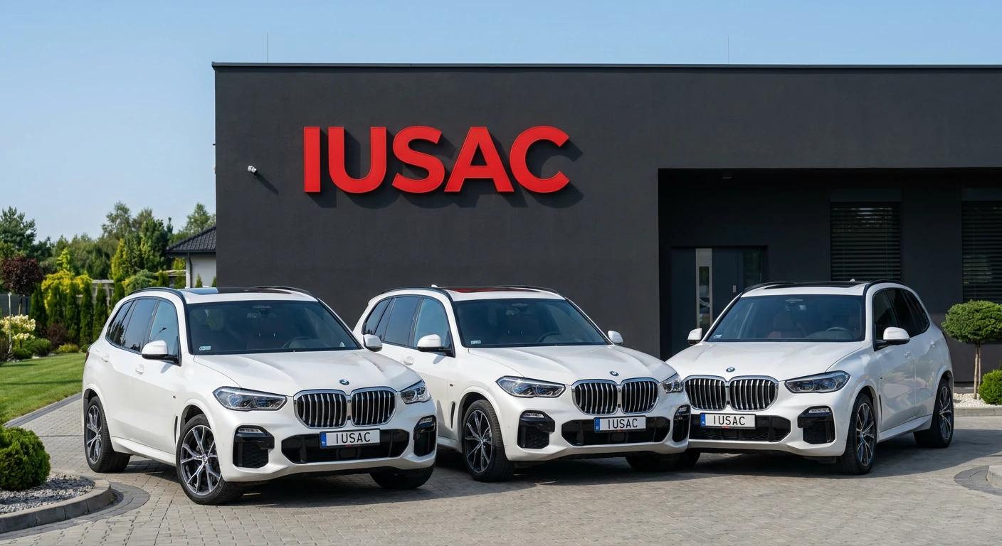 Flota aut BMW X5 przed siedzibą IUSAC Group – profesjonalny import aut z USA dla firm i salonów w 2026 roku.