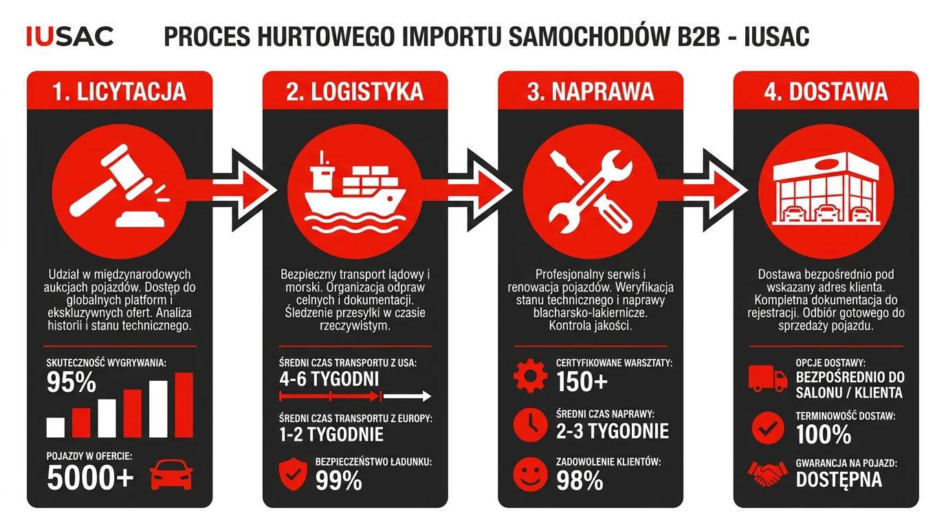 Infografika IUSAC Group: proces współpracy B2B i hurtowy import aut z USA od licytacji po dostawę.