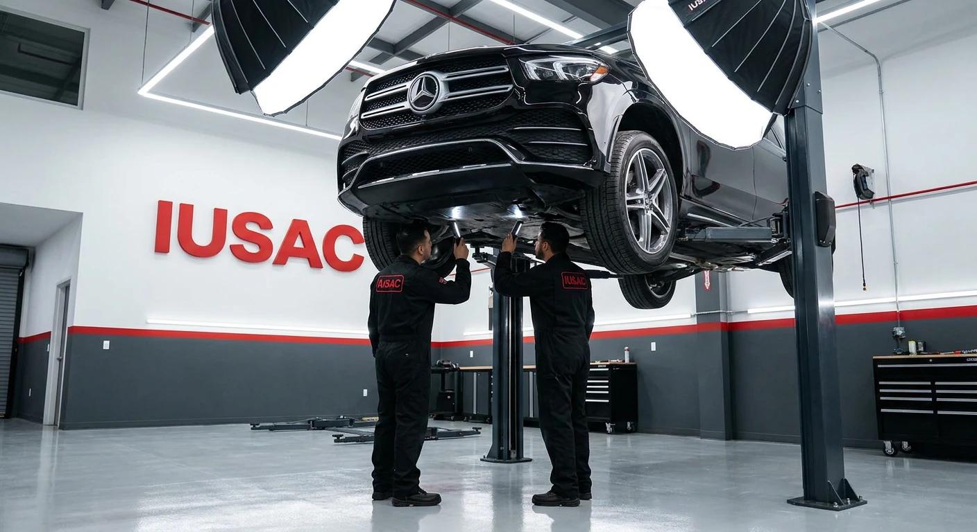 Technicy IUSAC Group naprawiający Mercedes GLE – kompleksowa obsługa i współpraca B2B dla importerów.
