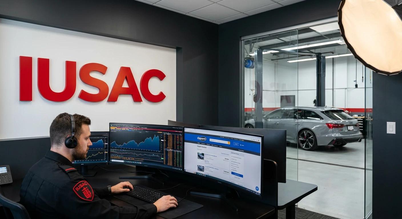 Analityk IUSAC analizujący zakończone aukcje Copart na monitorach w nowoczesnym biurze.