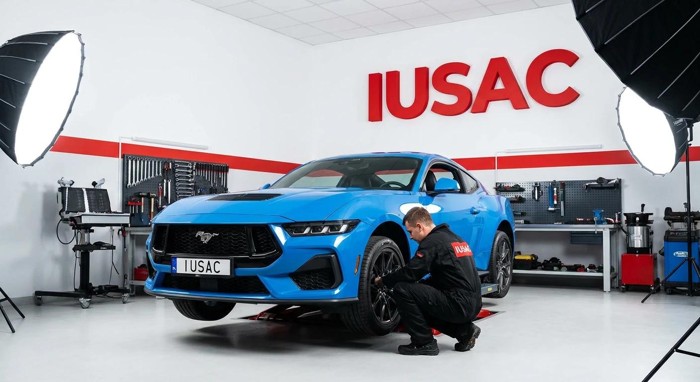 Technik IUSAC weryfikujący stan techniczny Forda Mustanga po wygranej licytacji w USA.